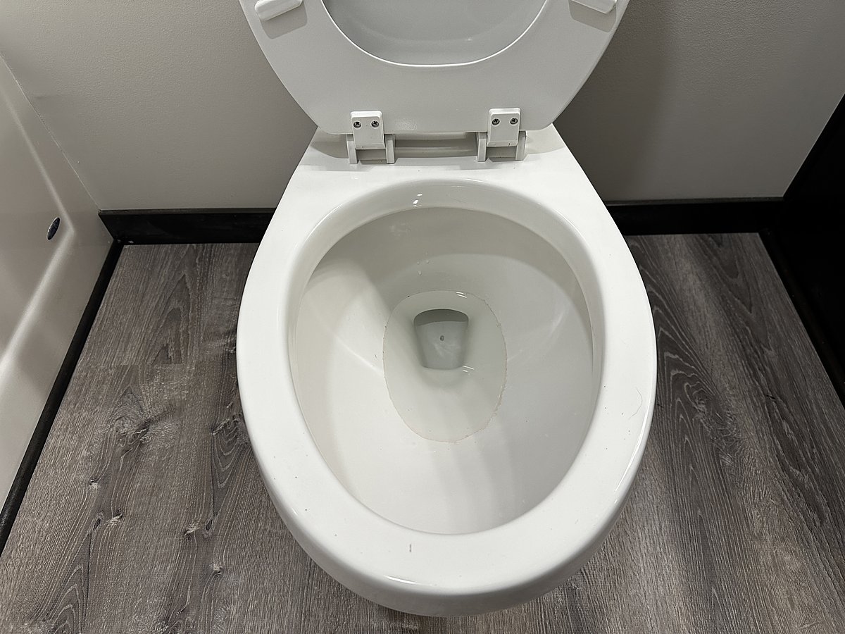 Toilet before a Mopp deep clean, with staining around the bowl and base